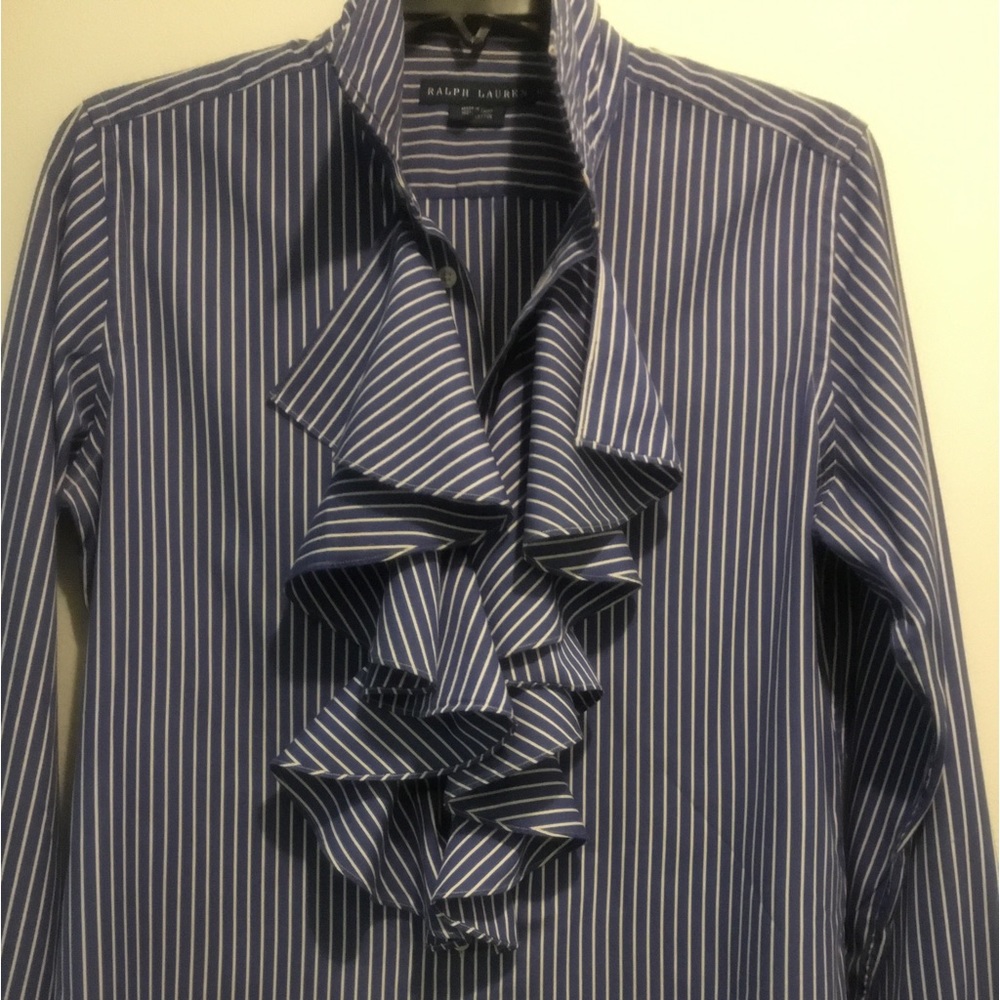 RALPH LAUREN royal blue and white striped blouse with ruffles in the front.